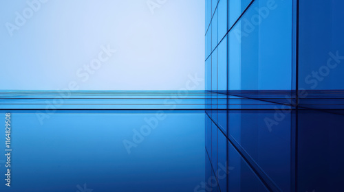 Blue glass building, view from the bottom, clear sky background