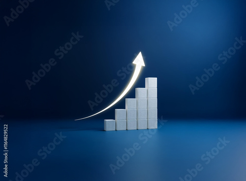 A luminous arrow ascends, tracing a path of growth above a rising bar graph set against a deep blue backdrop.  This symbolizes progress, achievement and upward trajectory. photo