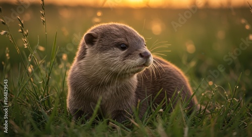 Adorable otter pup in sunlit meadow at sunset