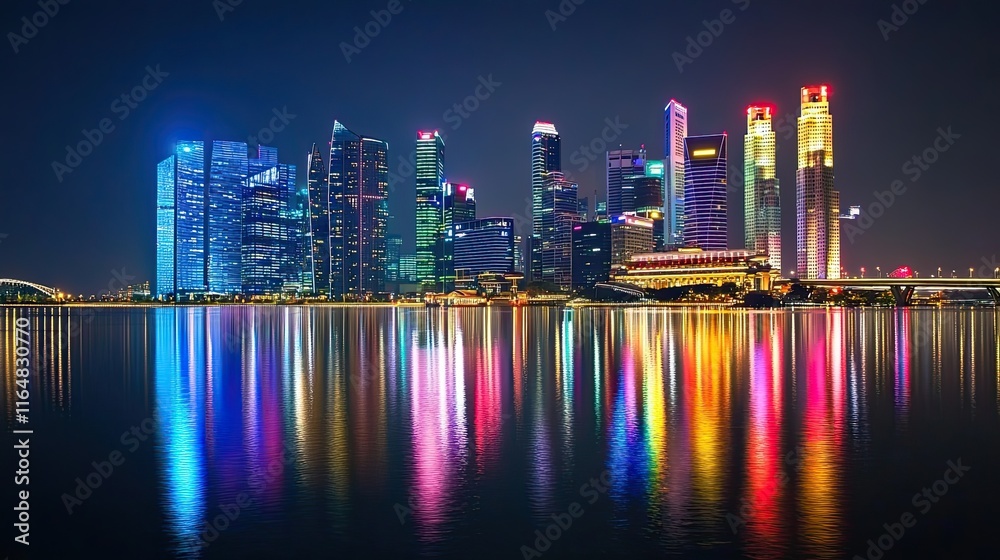 Fototapeta premium Vibrant cityscape at night, reflected in calm water.