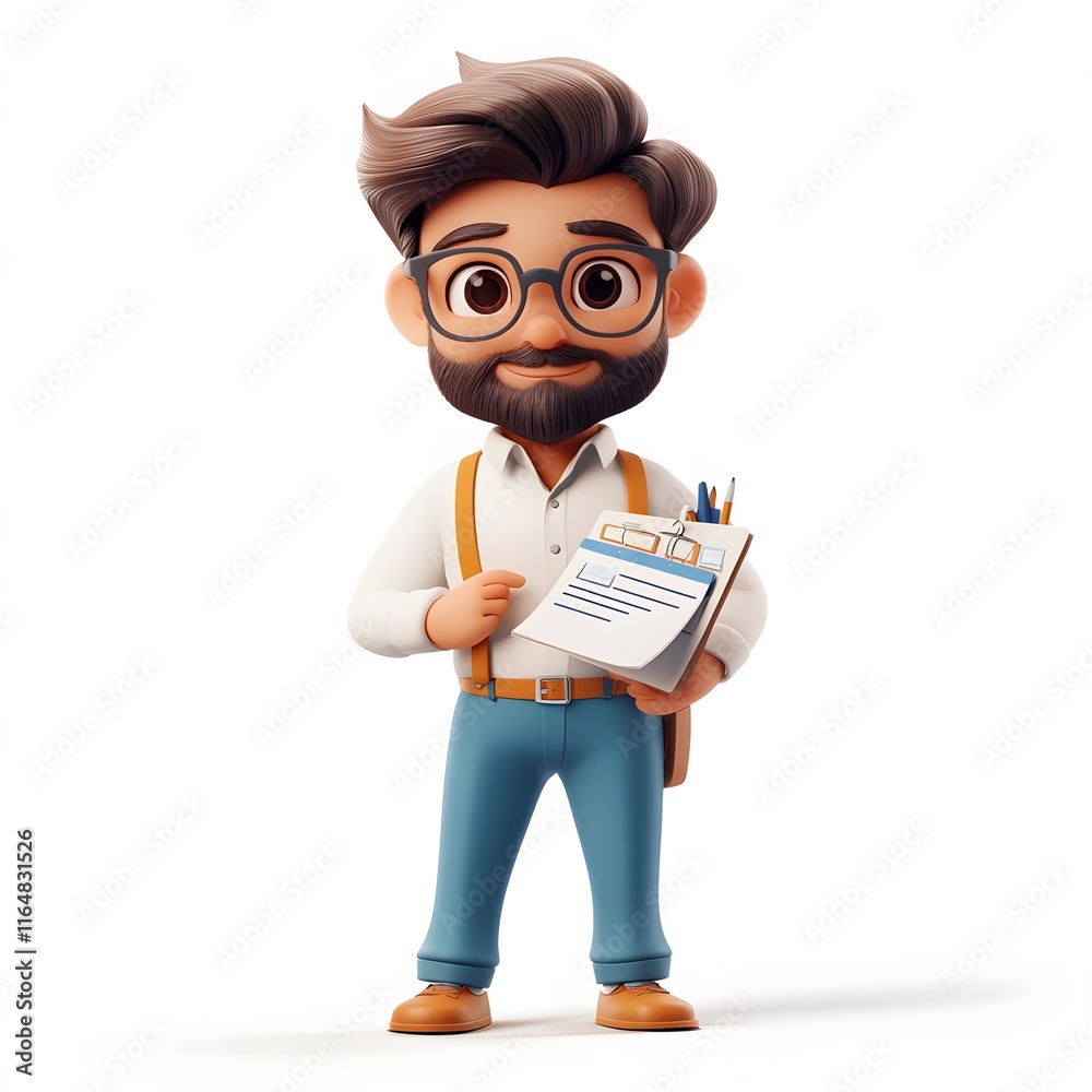 A cheerful 3D cartoon man with a beard, glasses, and suspenders holds a clipboard. He looks friendly and professional Adorable 3d character Finance A cheerful 3D cartoon man with a beard, glasses, and suspenders holds a clipboard. He looks friendly and professional Adorable 3d character Finance