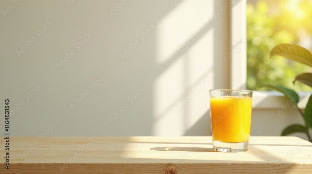 A glass of fresh citrus juice sits on a light wooden surface, bathed in sunlight streaming through a nearby window. A glass of fresh citrus juice sits on a light wooden surface, bathed in sunlight streaming through a nearby window.