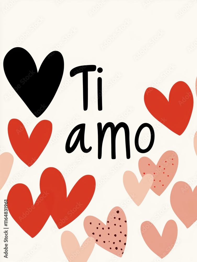 Elegant 'Ti Amo' illustration with black and red hearts on an off-white background Elegant 'Ti Amo' illustration with black and red hearts on an off-white background