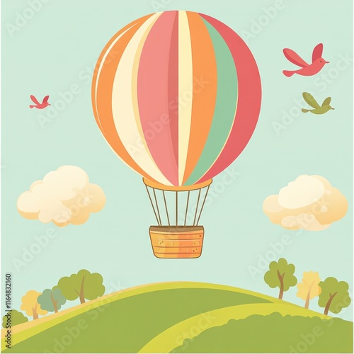 A colorful hot air balloon floats above a serene landscape with trees and birds.