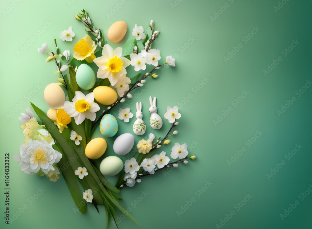 Obraz premium Pastel-colored Easter eggs and delicate white daffodils arranged artistically on a soft green background. Small bunny figurines add to the springtime scene.