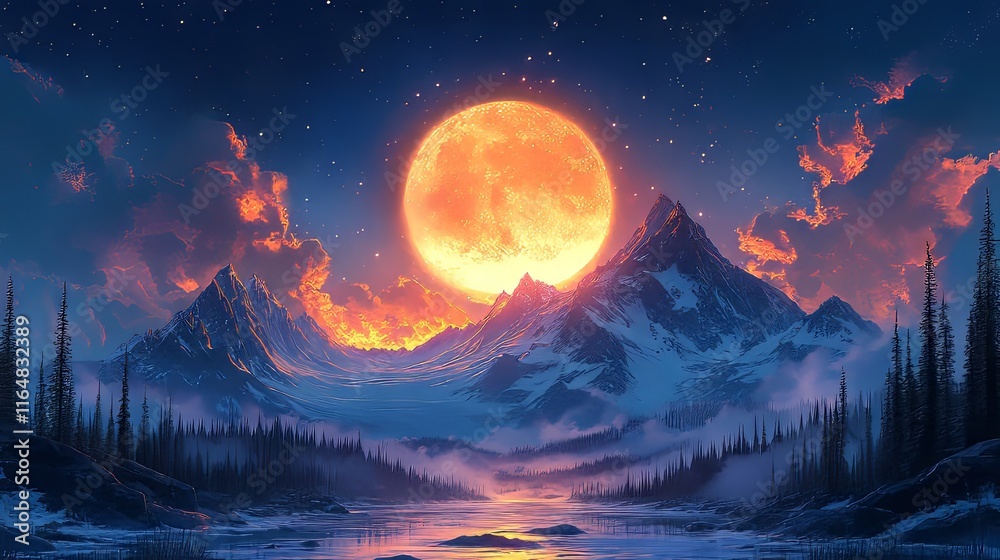 Naklejka premium A breathtaking landscape with a large full moon over snow-capped mountains.