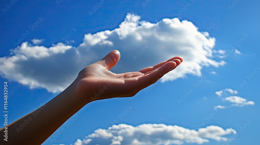 Hand reaching for a fluffy white cloud in a vibrant blue sky. Hand reaching for a fluffy white cloud in a vibrant blue sky.
