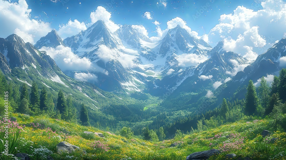 Breathtaking mountain landscape with vibrant wildflowers under a clear blue sky. Breathtaking mountain landscape with vibrant wildflowers under a clear blue sky.