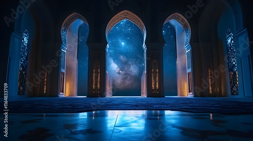 A tranquil and spiritual night scene inside a mosque, with stars shining through the window and moonlight casting a soft glow