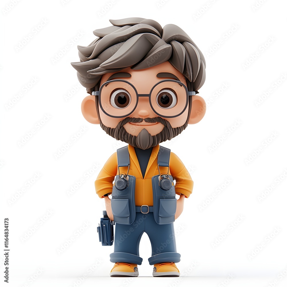 Obraz premium A cute 3D cartoon of a happy photographer. Adorable 3d character Web UI developer