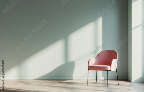 Pink chair in minimalist room with sunlight.