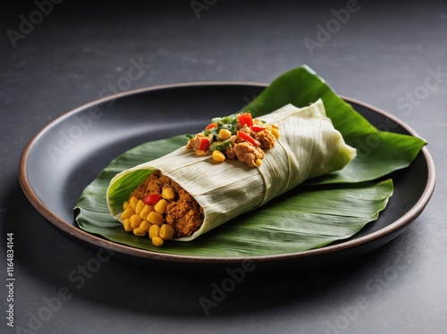 A tamale partially unwrapped from its banana leaf, placed on a matte black plate.