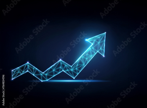 Glowing blue arrow graph ascending on dark background, symbolizing growth and progress.  The polygonal design creates a modern, technological feel.