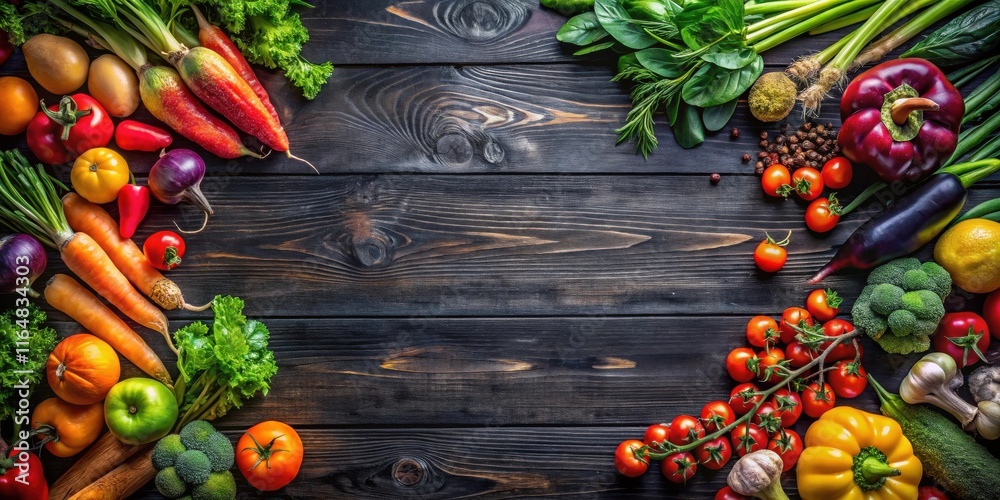 A vibrant arrangement of fresh produce on a dark wooden surface, showcasing a variety of colorful vegetables and herbs. A vibrant arrangement of fresh produce on a dark wooden surface, showcasing a variety of colorful vegetables and herbs.