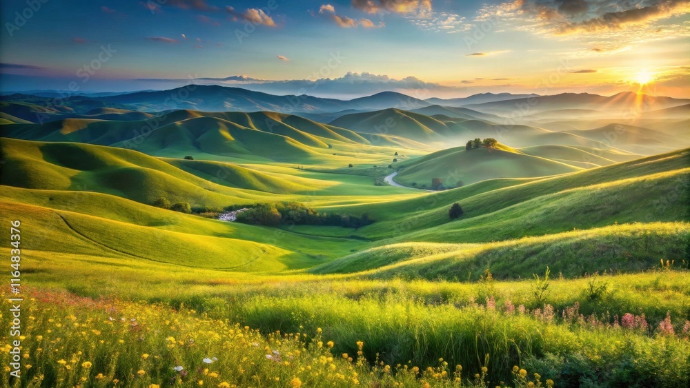 Fototapeta premium Serene Sunrise Over Rolling Green Hills and Vibrant Wildflowers