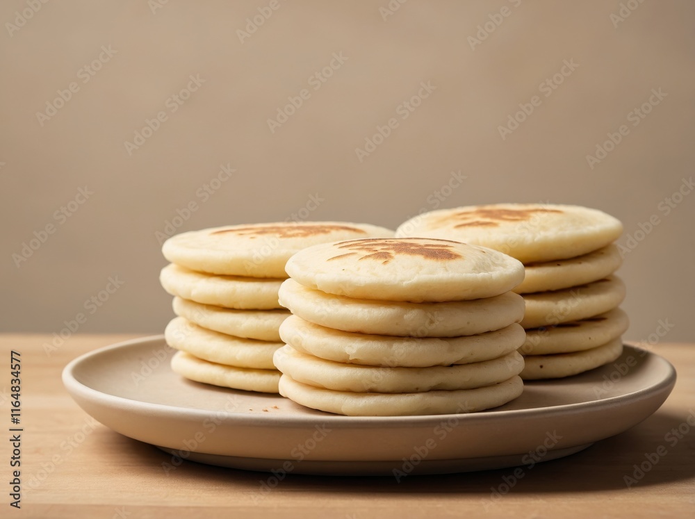 A minimalist stack of plain arepas on a simple, light beige ceramic plate. A minimalist stack of plain arepas on a simple, light beige ceramic plate.