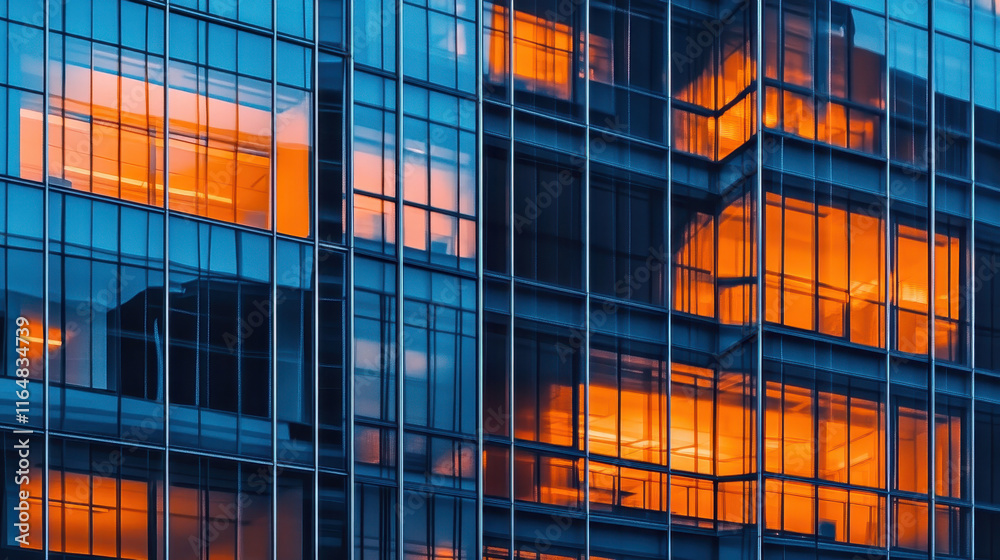 A modern building with glass windows reflecting the sunset, representing contemporary architecture and a corporate environment A modern building with glass windows reflecting the sunset, representing contemporary architecture and a corporate environment