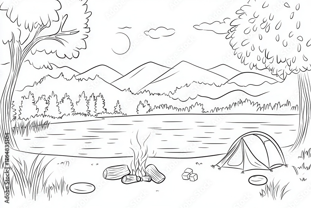 Fototapeta premium A serene mountain lake coloring book illustration with a family roasting marshmallows by a campfire, surrounded by trees and reflections of the mountains in the water. Add intricate patterns 