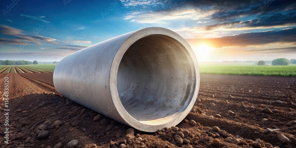 Large concrete pipe resting in a freshly plowed field at sunset Large concrete pipe resting in a freshly plowed field at sunset