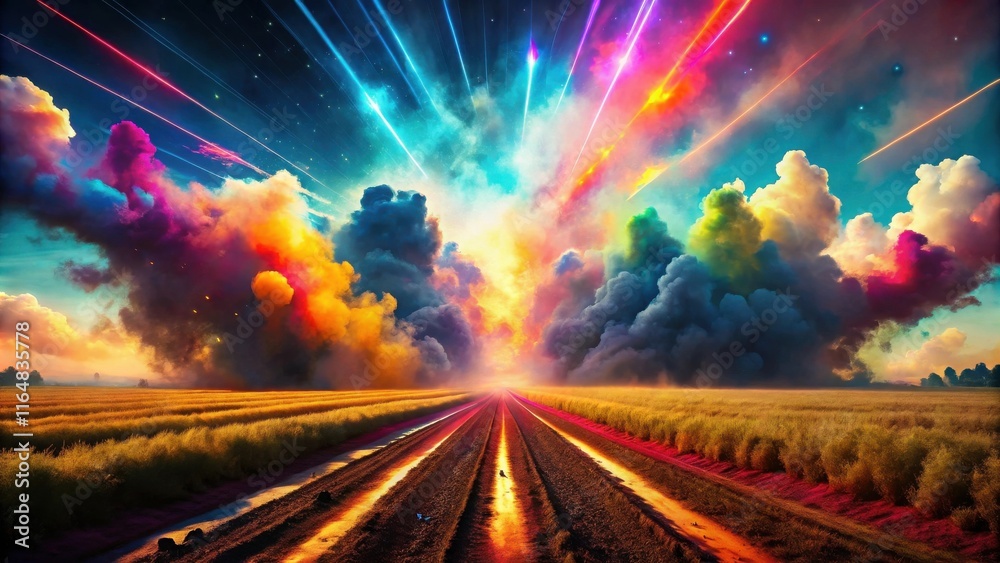 Fototapeta premium Vibrant Celestial Rays Illuminate a Serene Rural Landscape