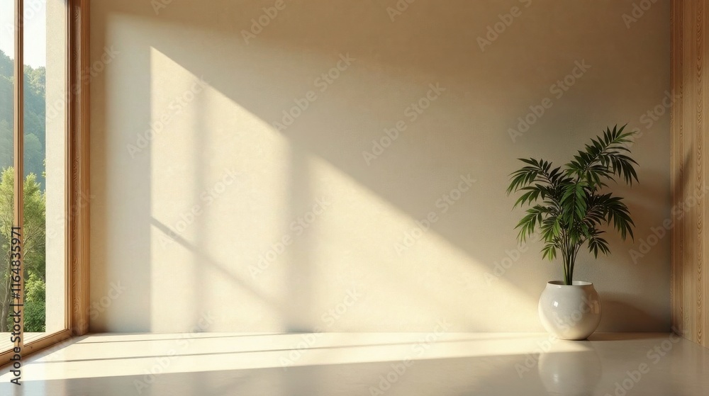 Fototapeta premium Serene Minimalist Room Interior Design with Natural Light and Greenery