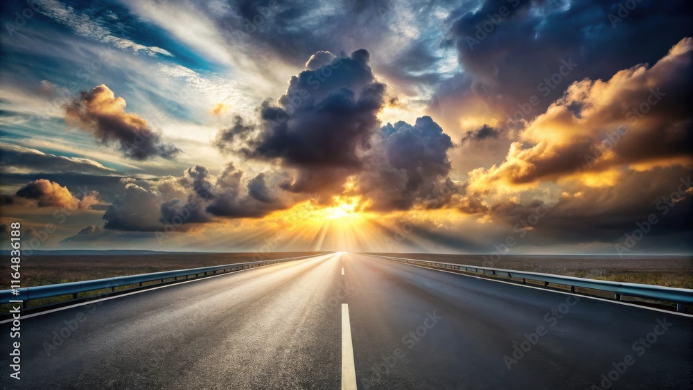 Asphalt Road Leading to a Dramatic Sunset with Golden Clouds and Sun Rays Asphalt Road Leading to a Dramatic Sunset with Golden Clouds and Sun Rays
