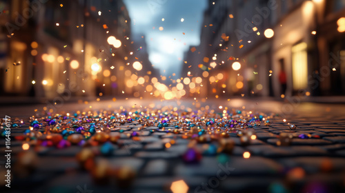 Glittering Mardi Gras beads scattered on cobblestone streets with glowing bokeh lights in the background