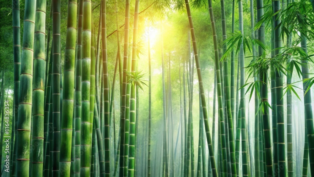 Fototapeta premium Serene Bamboo Forest bathed in Sunlight, a Mystical Pathway Through Lush Green Stalks, creating a peaceful and tranquil atmosphere