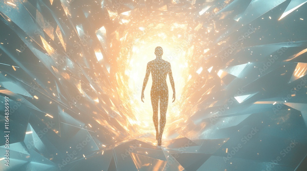 Fototapeta premium A glowing, translucent human figure, composed of light particles, is stepping forward from a geometric portal surrounded.