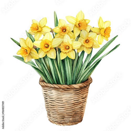 A watercolor vector of a daffodil bouquet in a basket, isolated on a white background. Daffodil vector.
