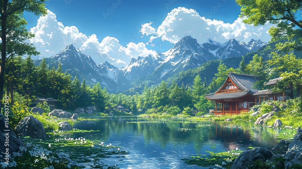 Naklejka premium Serene mountain landscape with a traditional pavilion by a tranquil lake.