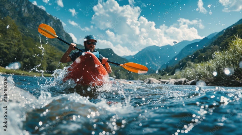 Man in kayak sailing on mountain river, AI generated image Man in kayak sailing on mountain river, AI generated image