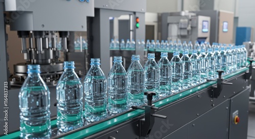 Automated bottling line in modern beverage factory processing water bottles photo