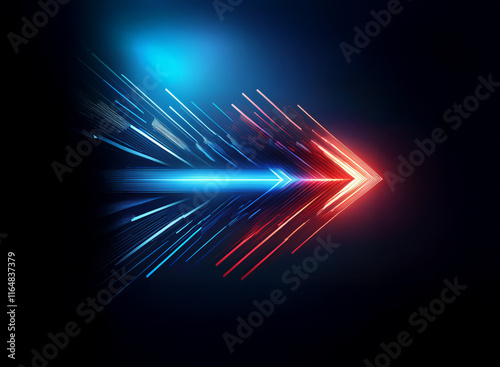 A vibrant arrow of light streaks across a dark background, its red and blue hues suggesting speed and digital energy.  The arrow is composed of glowing lines, creating a sense of motion and technologi