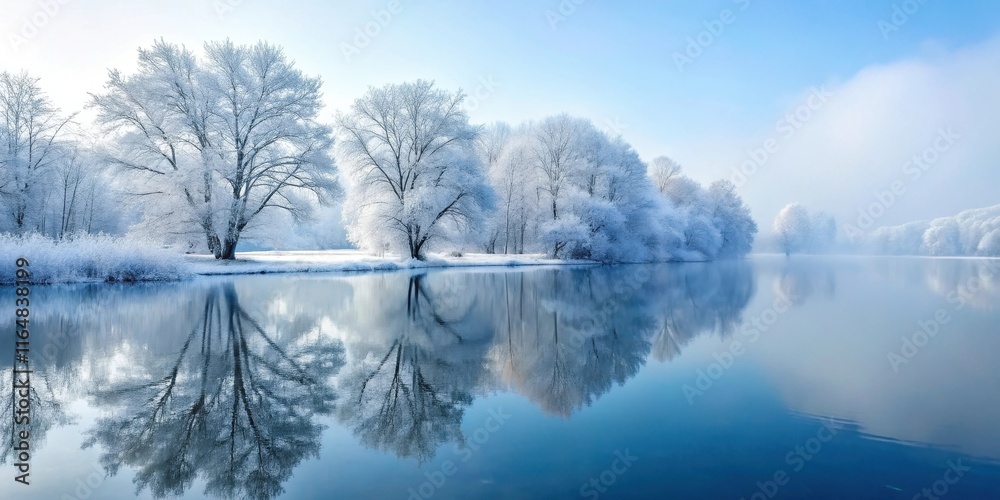 Serene Winter Landscape Frost-Covered Trees Mirrored in a Still, Calm Lake Under a Clear Sky Serene Winter Landscape Frost-Covered Trees Mirrored in a Still, Calm Lake Under a Clear Sky