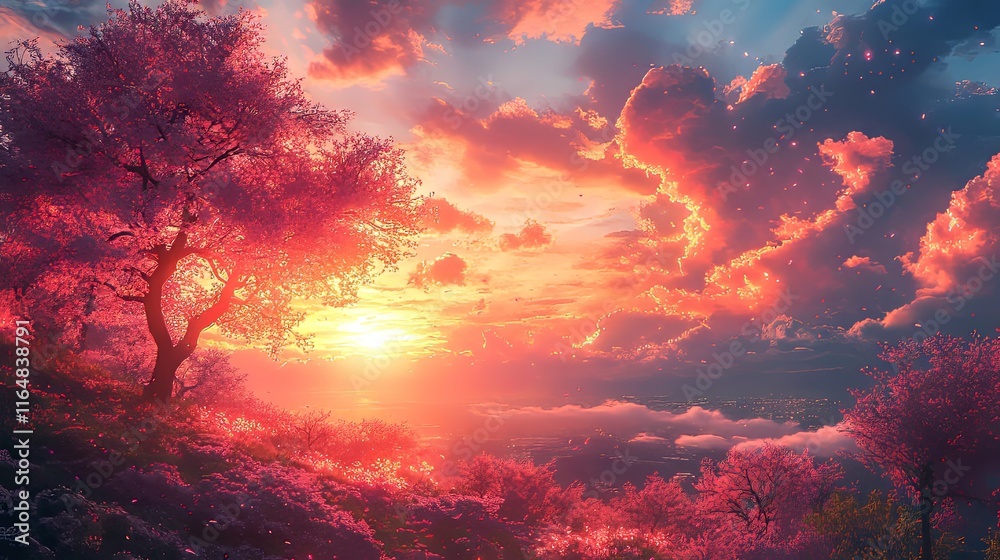 Fototapeta premium A breathtaking sunset amidst pink flowering trees.