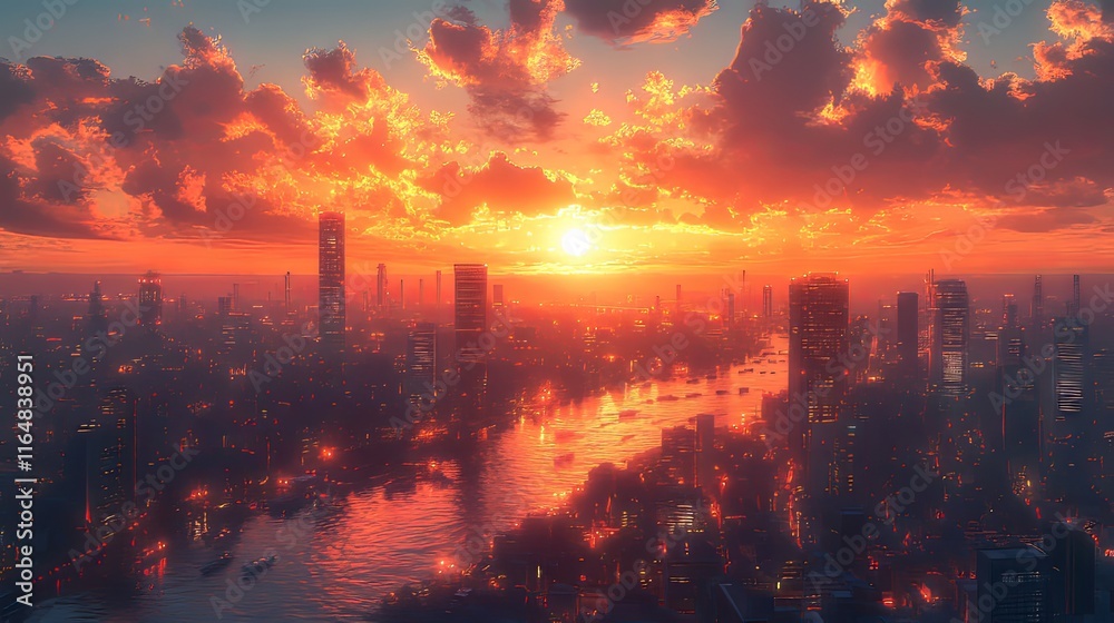 Fototapeta premium Stunning sunset over a vibrant city skyline with reflective river.