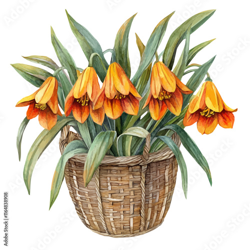 A watercolor painting of a crown imperial bouquet in a basket, isolated on a white background. Crown Imperial vector.
