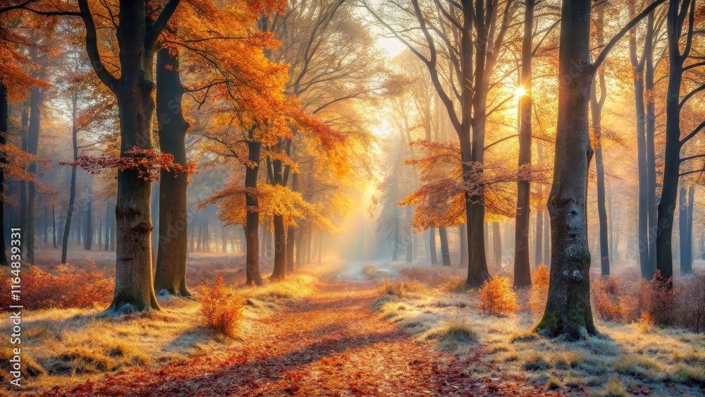 Obraz premium Autumnal Pathway Through a Misty Forest Bathed in Golden Sunlight, Revealing a Serene and Magical Atmosphere