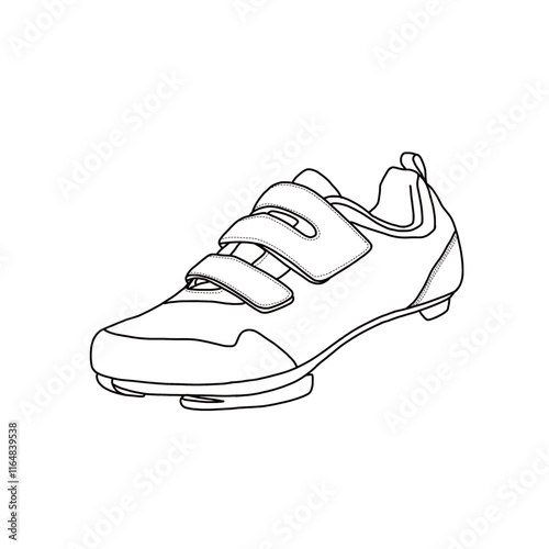 Template vector cycling shoes for men and women, indoor and outdoor riding shoes, riding shoe bicycle with delta cleats. Outline vector doodle illustration. Isolated on a white background.