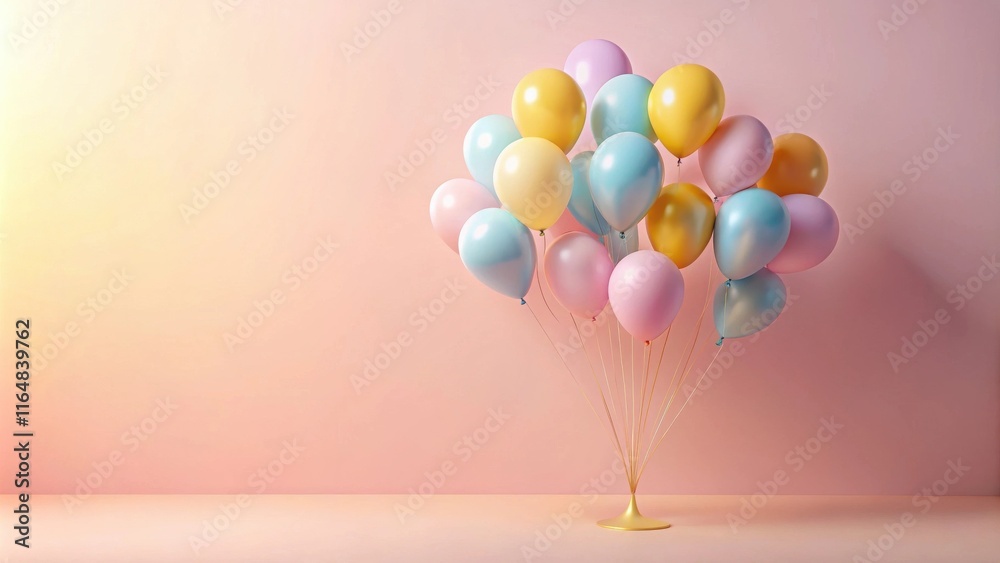 Pastel-colored balloons arranged in a cluster on a gold stand against a soft pink background, creating a festive and cheerful atmosphere Pastel-colored balloons arranged in a cluster on a gold stand against a soft pink background, creating a festive and cheerful atmosphere