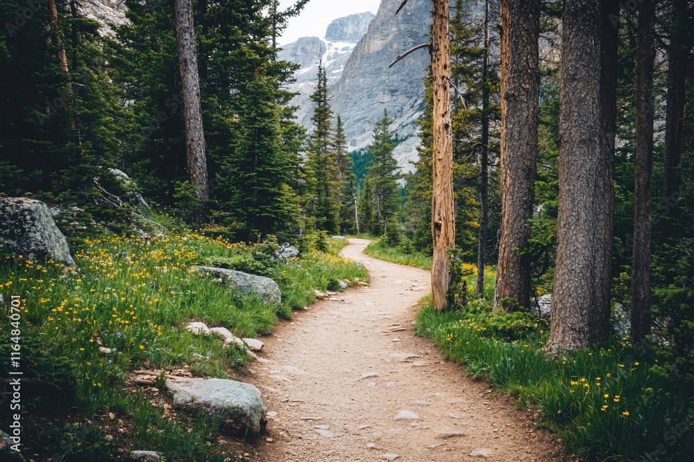 Fototapeta premium Winding trail through a mountain forest with wildflowers.