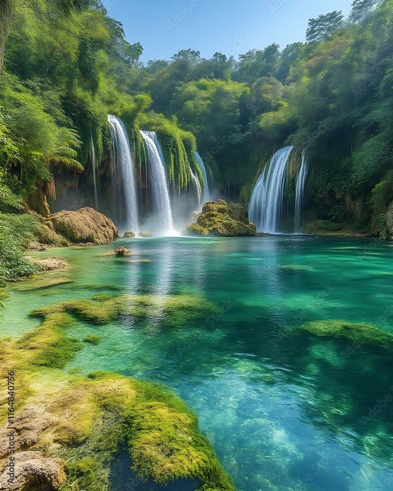 Serene waterfall cascading into a pristine pool. Serene waterfall cascading into a pristine pool.