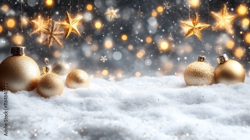 Golden Christmas Ornaments Resting in Sparkling Snow