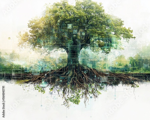 Digital tree with intricate roots and technology integrated into its structure.