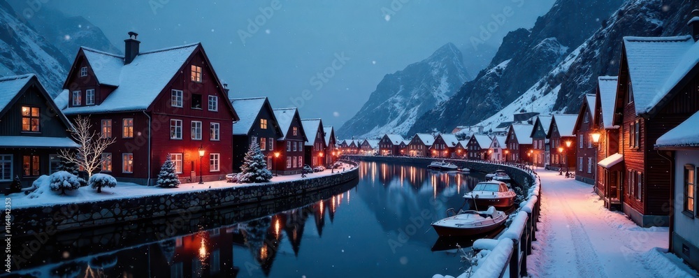 Fototapeta premium Snow-dusted Bryggen, Bergen Christmas lights gleam on historic, snow-covered buildings at twilight , Norway travel, snow-covered roofs, magical