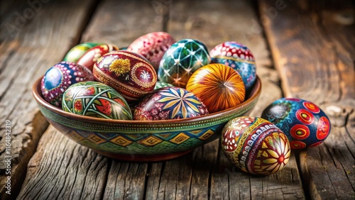 A rustic bowl overflowing with vibrantly decorated eggs, showcasing intricate designs and a festive spring ambiance