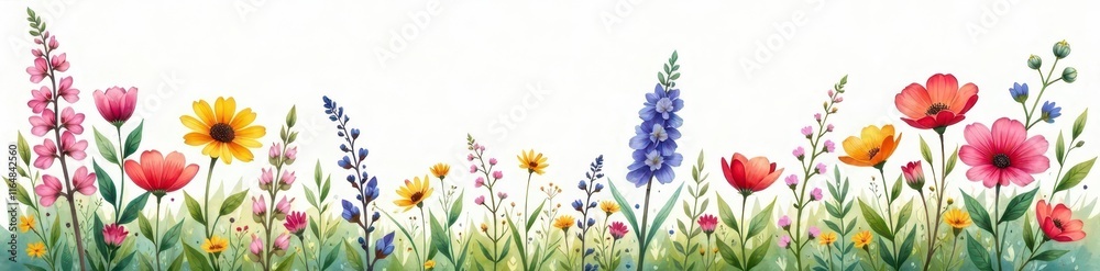 Fototapeta premium Watercolor wildflowers, seamless meadow pattern, colorful, print, floral