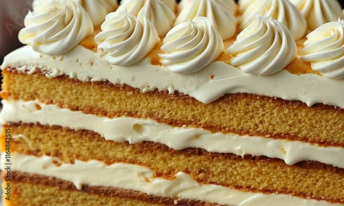 A close-up of a layered cake topped with swirls of creamy frosting.