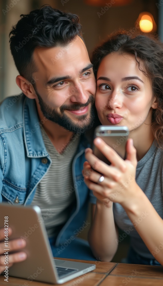 A joyful couple, a man with a beard and a woman with curly hair, share a playful moment while looking at a smartphone. Their expressions radiate happiness and connection, highlighting the warmth of A joyful couple, a man with a beard and a woman with curly hair, share a playful moment while looking at a smartphone. Their expressions radiate happiness and connection, highlighting the warmth of